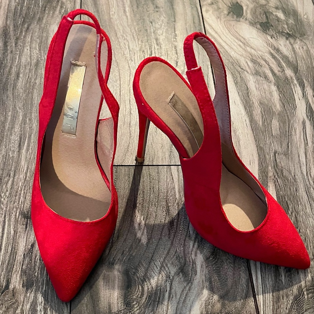 Princess Polly Red Suede Heels (Size 5)